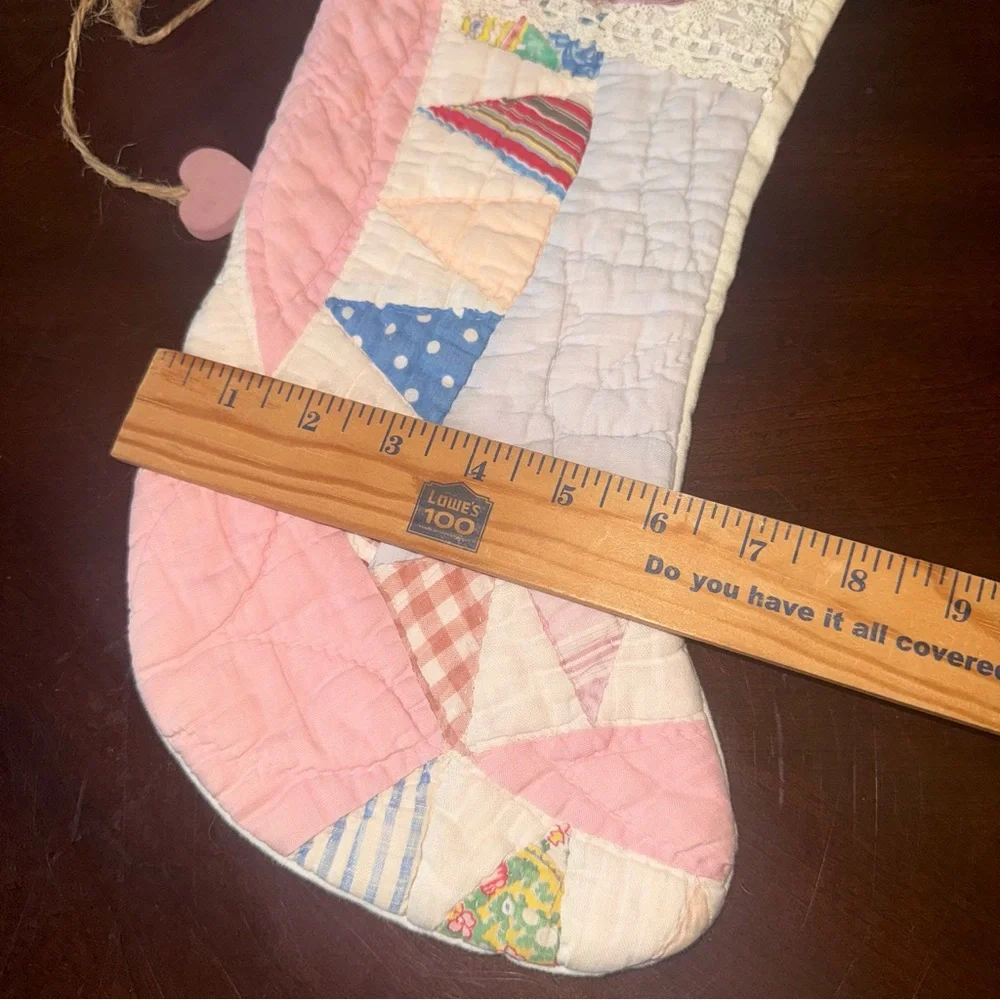 Vintage Quilt Primitive Farmhouse Christmas Stocking Pastel Lace Detail